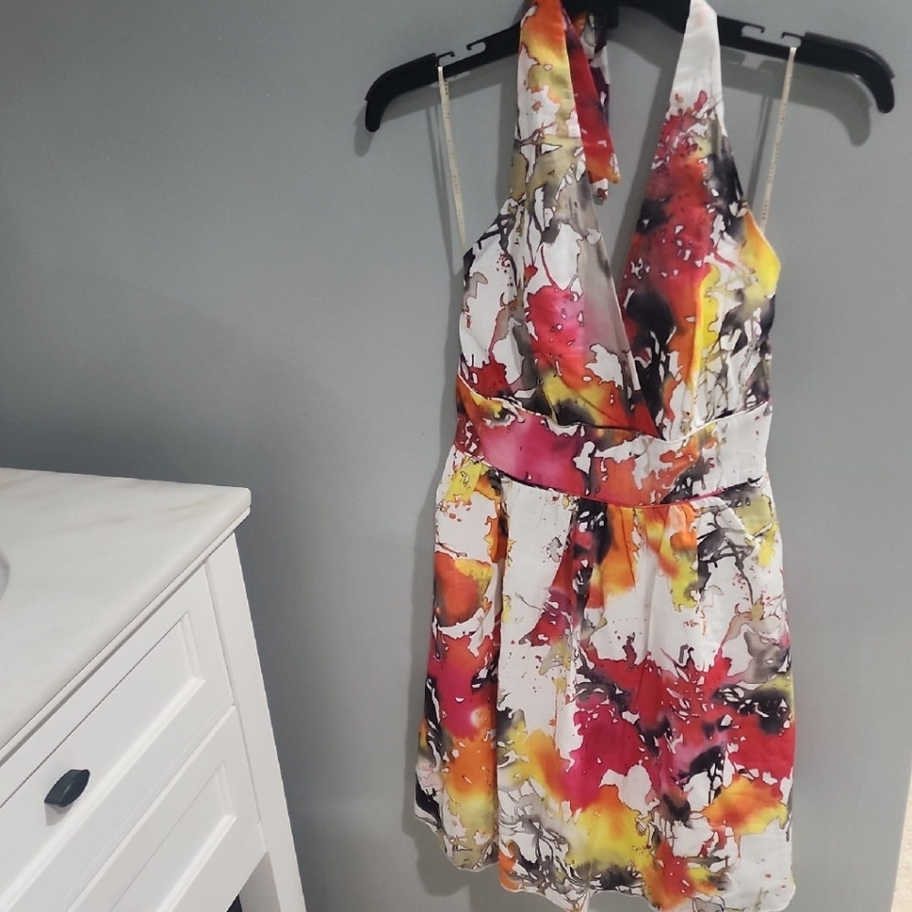 Aryeh Red and Yellow Halter Mini Dress for Cocktail